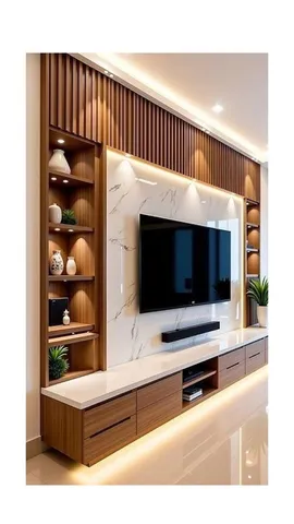 TV ünitesi dekorasyonu için duvar ve mobilya tasarım örneği — DLN-TV-021